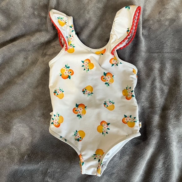 Kate Spade white Capistrano orange print ruffle butt swimsuit size 24 months - Picture 4 of 6